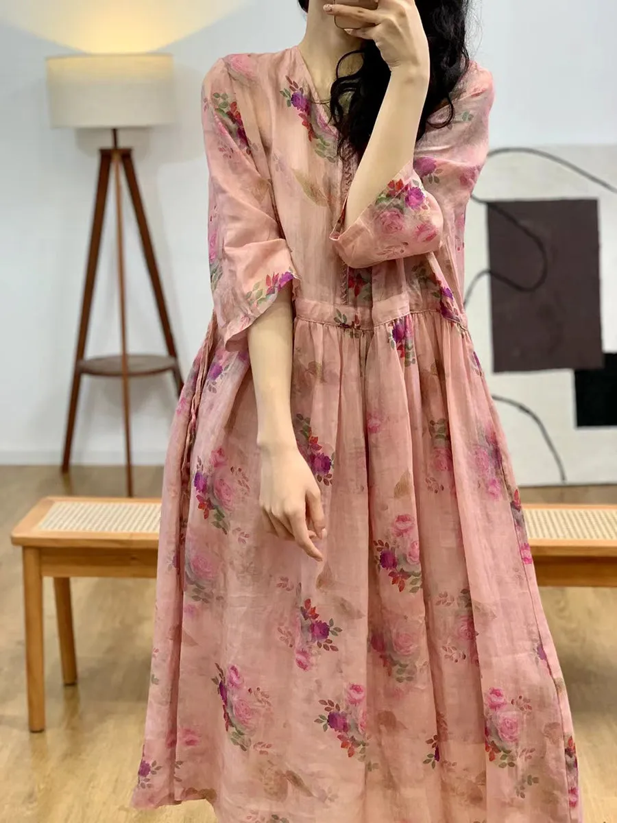 FLYTONN- Women Summer Vintage Flower V-Neck Ramie Dress II1007