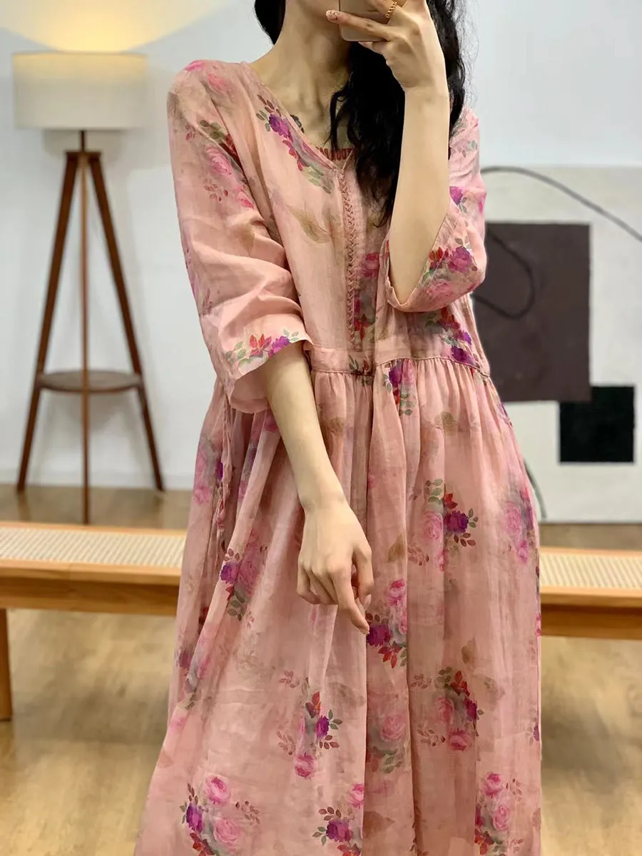 FLYTONN- Women Summer Vintage Flower V-Neck Ramie Dress II1007
