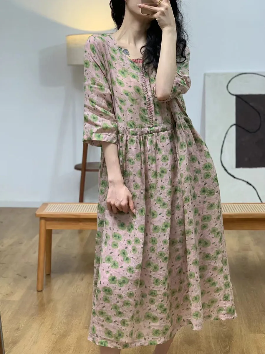 FLYTONN- Women Summer Vintage Flower V-Neck Ramie Dress II1007