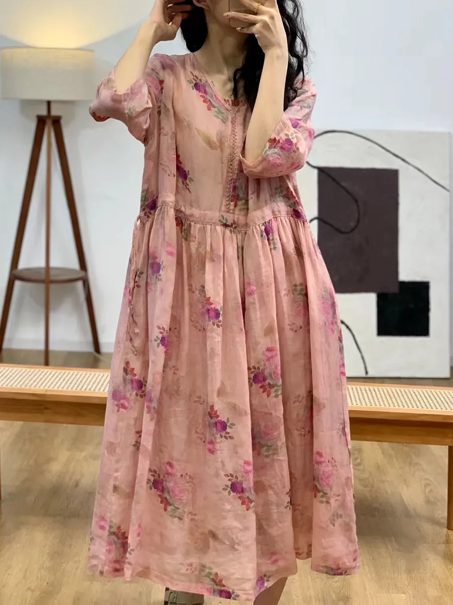 FLYTONN- Women Summer Vintage Flower V-Neck Ramie Dress II1007