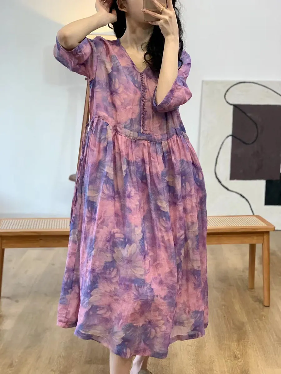 FLYTONN- Women Summer Vintage Flower V-Neck Ramie Dress II1007