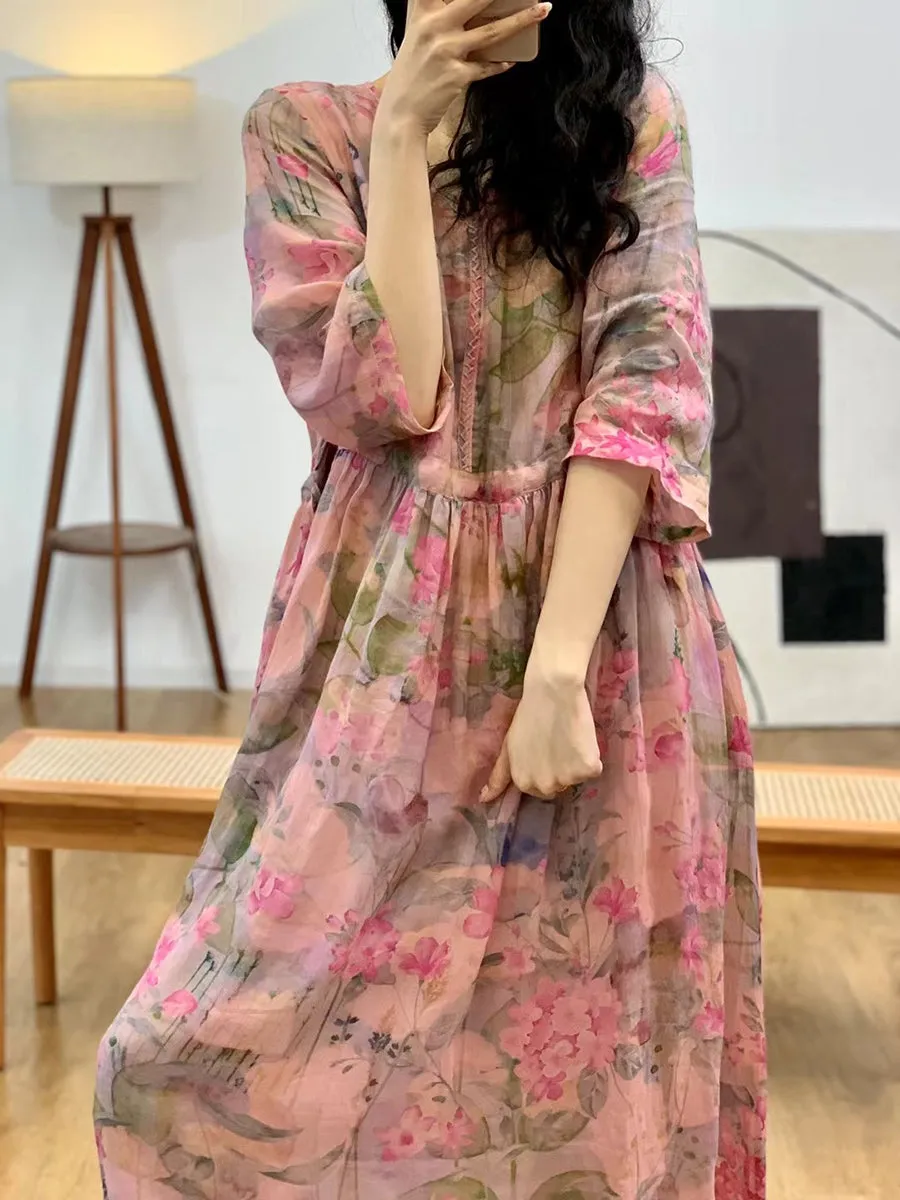 FLYTONN- Women Summer Vintage Flower V-Neck Ramie Dress II1007