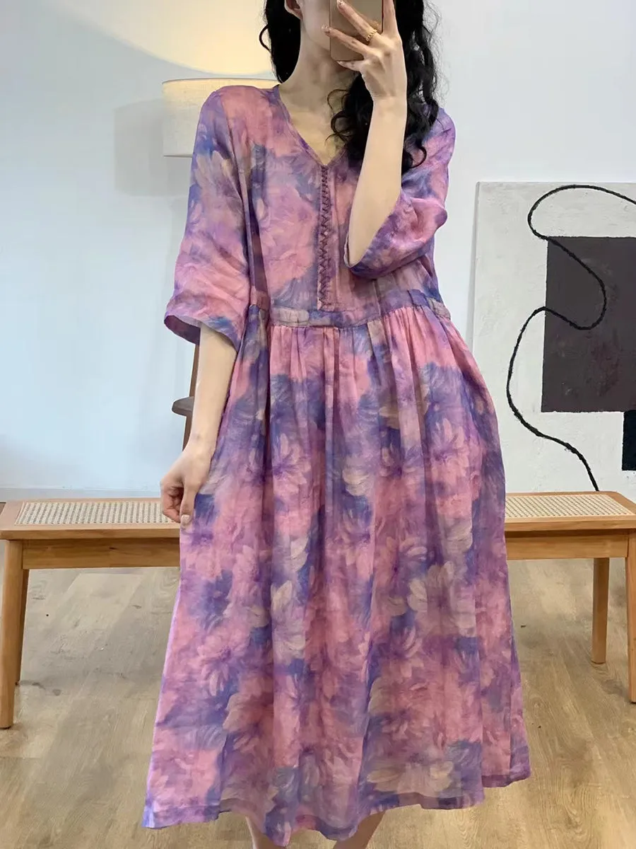 FLYTONN- Women Summer Vintage Flower V-Neck Ramie Dress II1007