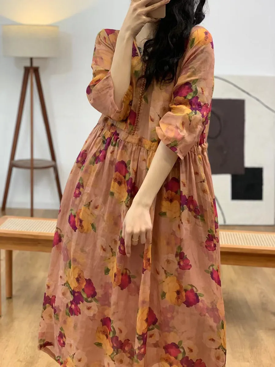FLYTONN- Women Summer Vintage Flower V-Neck Ramie Dress II1007