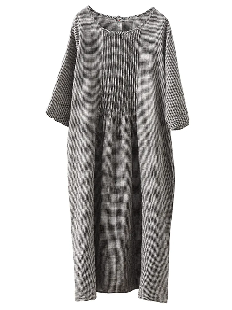 FLYTONN- Women Summer Vintage Lattice Shirred O-Neck Ramie Dress OP1051