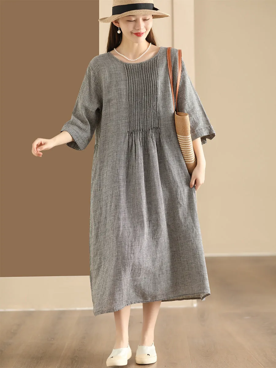 FLYTONN- Women Summer Vintage Lattice Shirred O-Neck Ramie Dress OP1051
