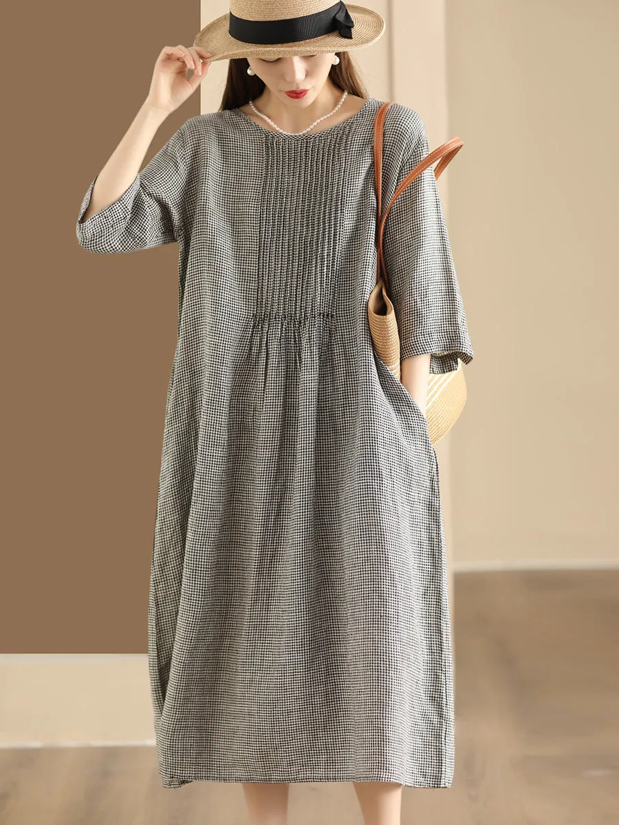 FLYTONN- Women Summer Vintage Lattice Shirred O-Neck Ramie Dress OP1051