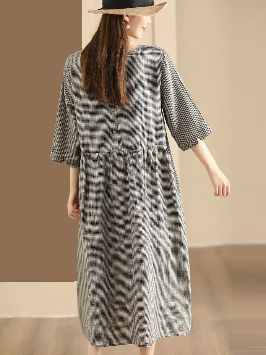 FLYTONN- Women Summer Vintage Lattice Shirred O-Neck Ramie Dress OP1051