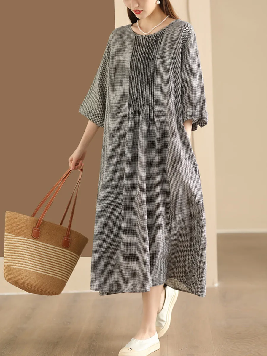 FLYTONN- Women Summer Vintage Lattice Shirred O-Neck Ramie Dress OP1051