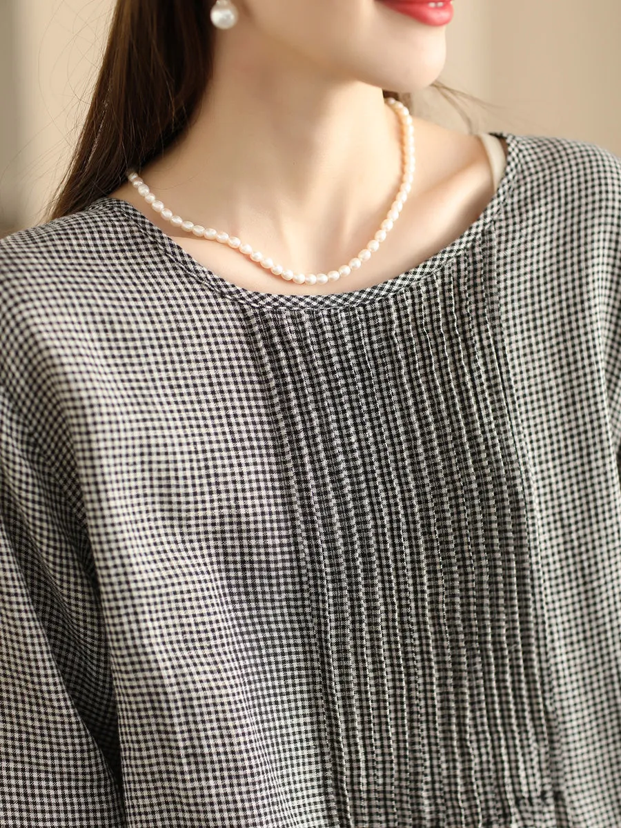 FLYTONN- Women Summer Vintage Lattice Shirred O-Neck Ramie Dress OP1051