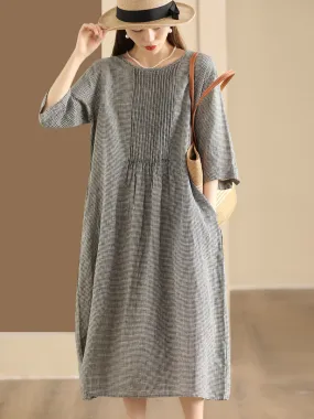 FLYTONN- Women Summer Vintage Lattice Shirred O-Neck Ramie Dress OP1051