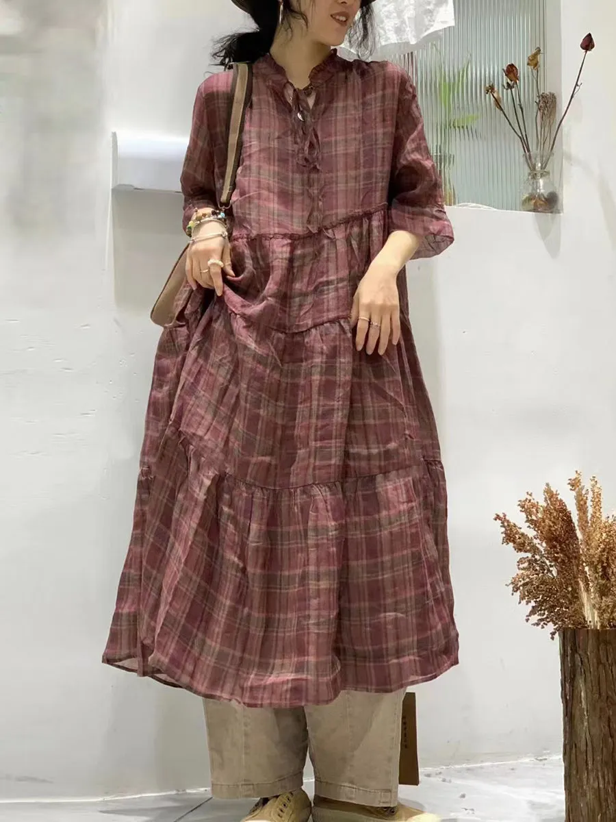 FLYTONN- Women Summer Vintage Plaid Spliced Strap Ramie Dress WE1023