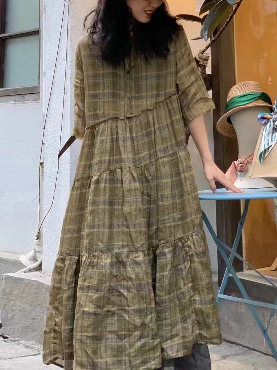 FLYTONN- Women Summer Vintage Plaid Spliced Strap Ramie Dress WE1023
