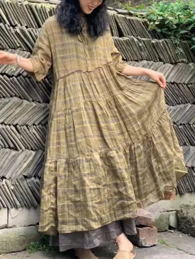 FLYTONN- Women Summer Vintage Plaid Spliced Strap Ramie Dress WE1023
