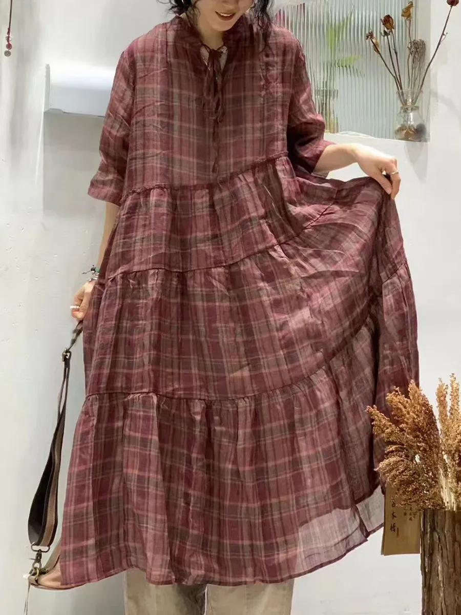 FLYTONN- Women Summer Vintage Plaid Spliced Strap Ramie Dress WE1023