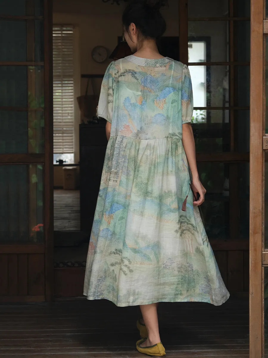FLYTONN- Women Summer Vintage Print Ramie Loose Dress OO1009