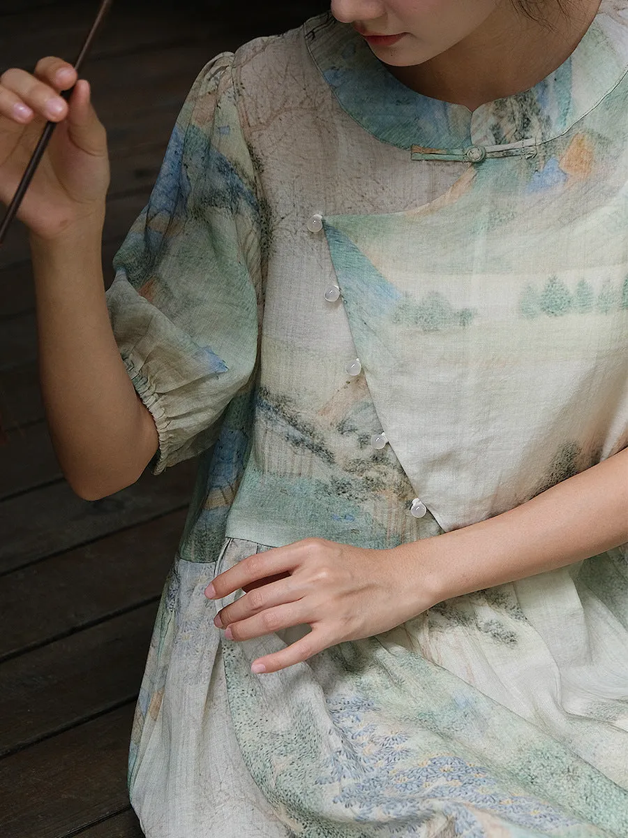 FLYTONN- Women Summer Vintage Print Ramie Loose Dress OO1009