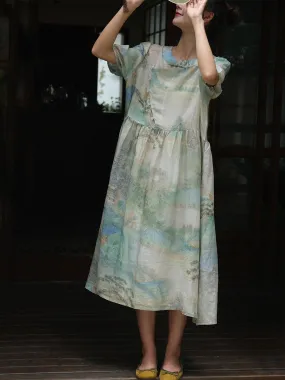 FLYTONN- Women Summer Vintage Print Ramie Loose Dress OO1009