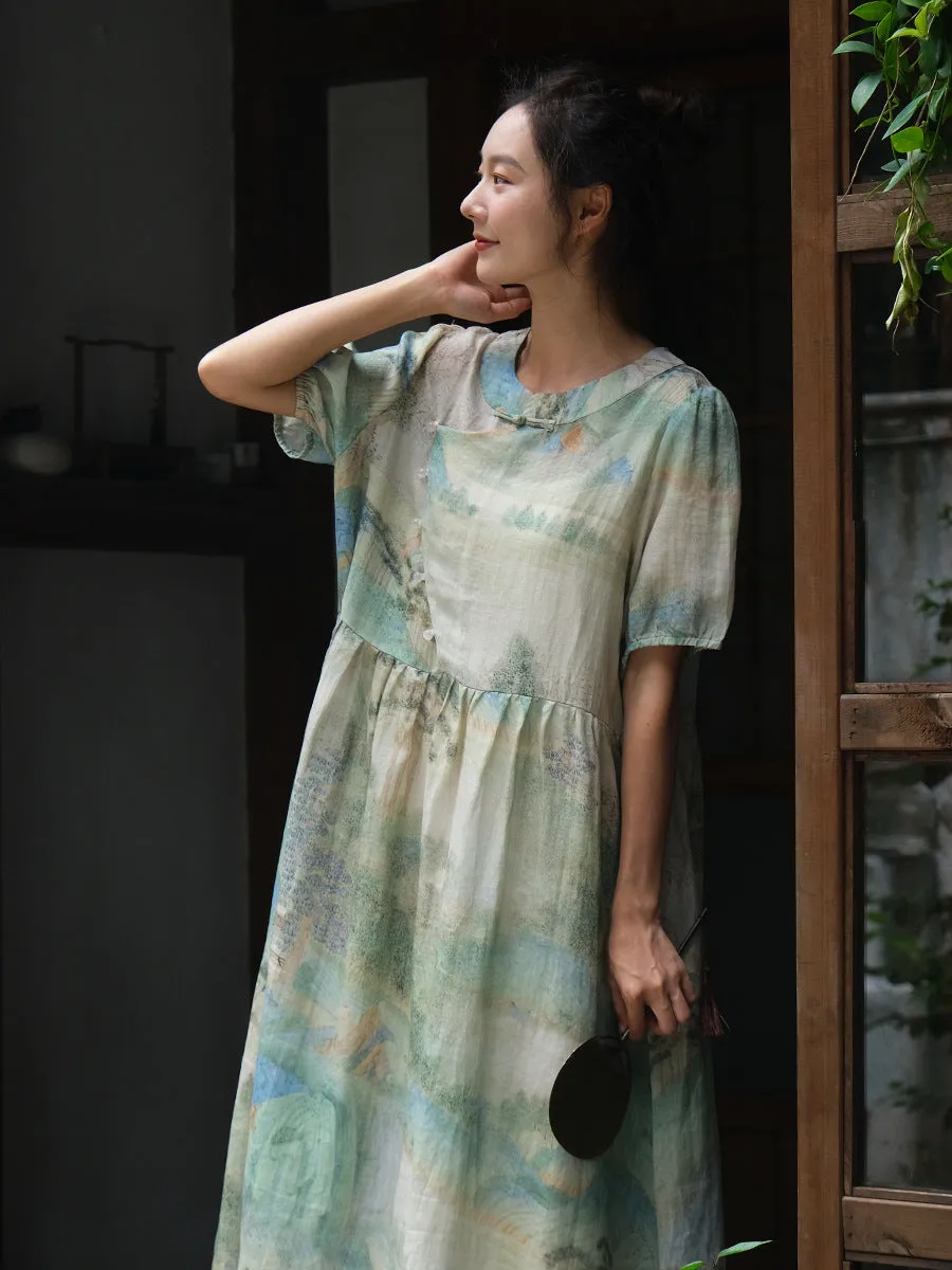 FLYTONN- Women Summer Vintage Print Ramie Loose Dress OO1009