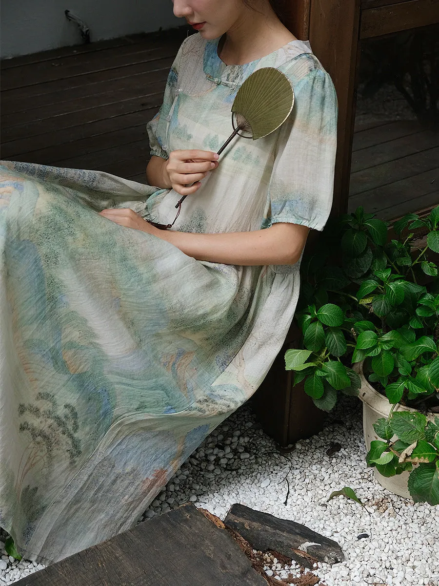 FLYTONN- Women Summer Vintage Print Ramie Loose Dress OO1009