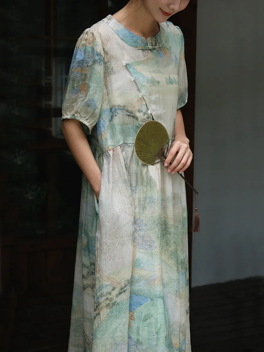 FLYTONN- Women Summer Vintage Print Ramie Loose Dress OO1009