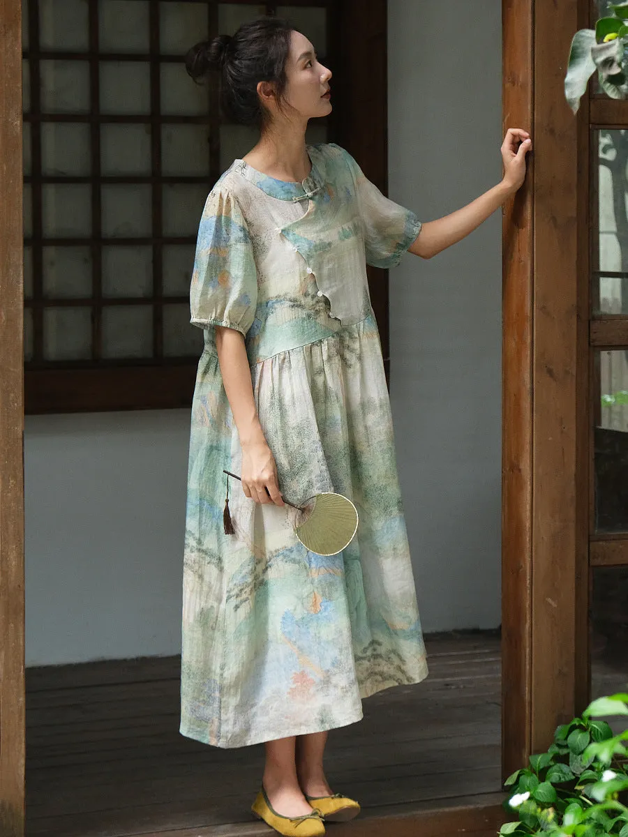 FLYTONN- Women Summer Vintage Print Ramie Loose Dress OO1009