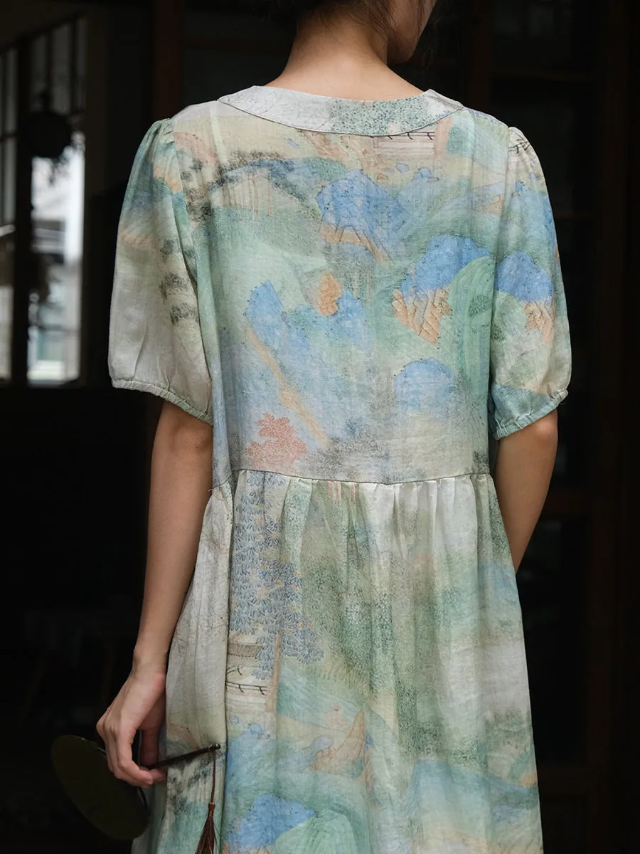 FLYTONN- Women Summer Vintage Print Ramie Loose Dress OO1009