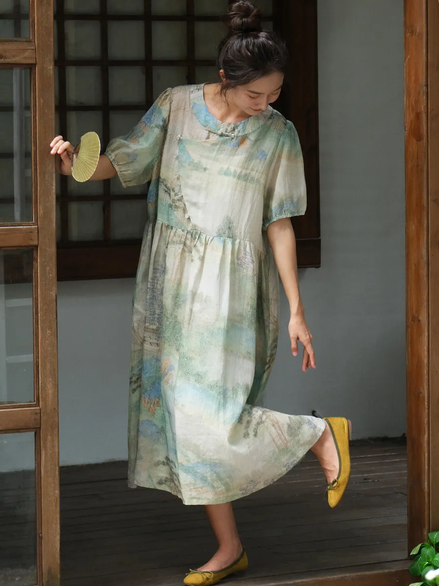FLYTONN- Women Summer Vintage Print Ramie Loose Dress OO1009