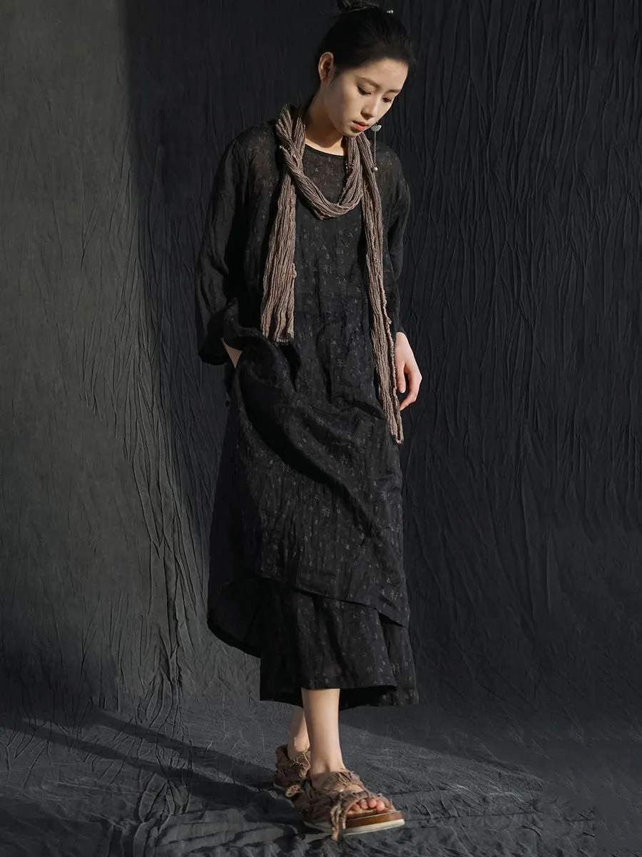 FLYTONN- Women Summer Vintage Print Spliced Ramie Dress PP1001