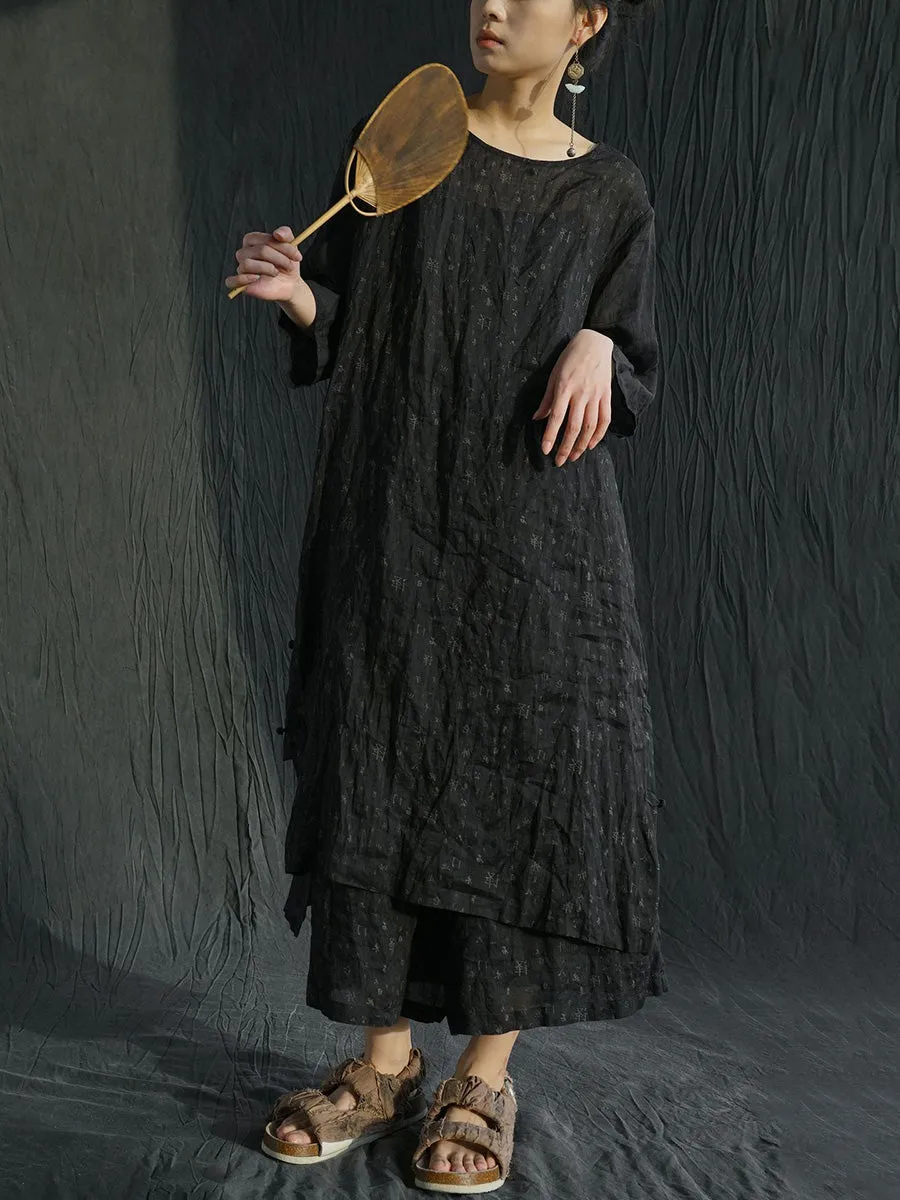 FLYTONN- Women Summer Vintage Print Spliced Ramie Dress PP1001