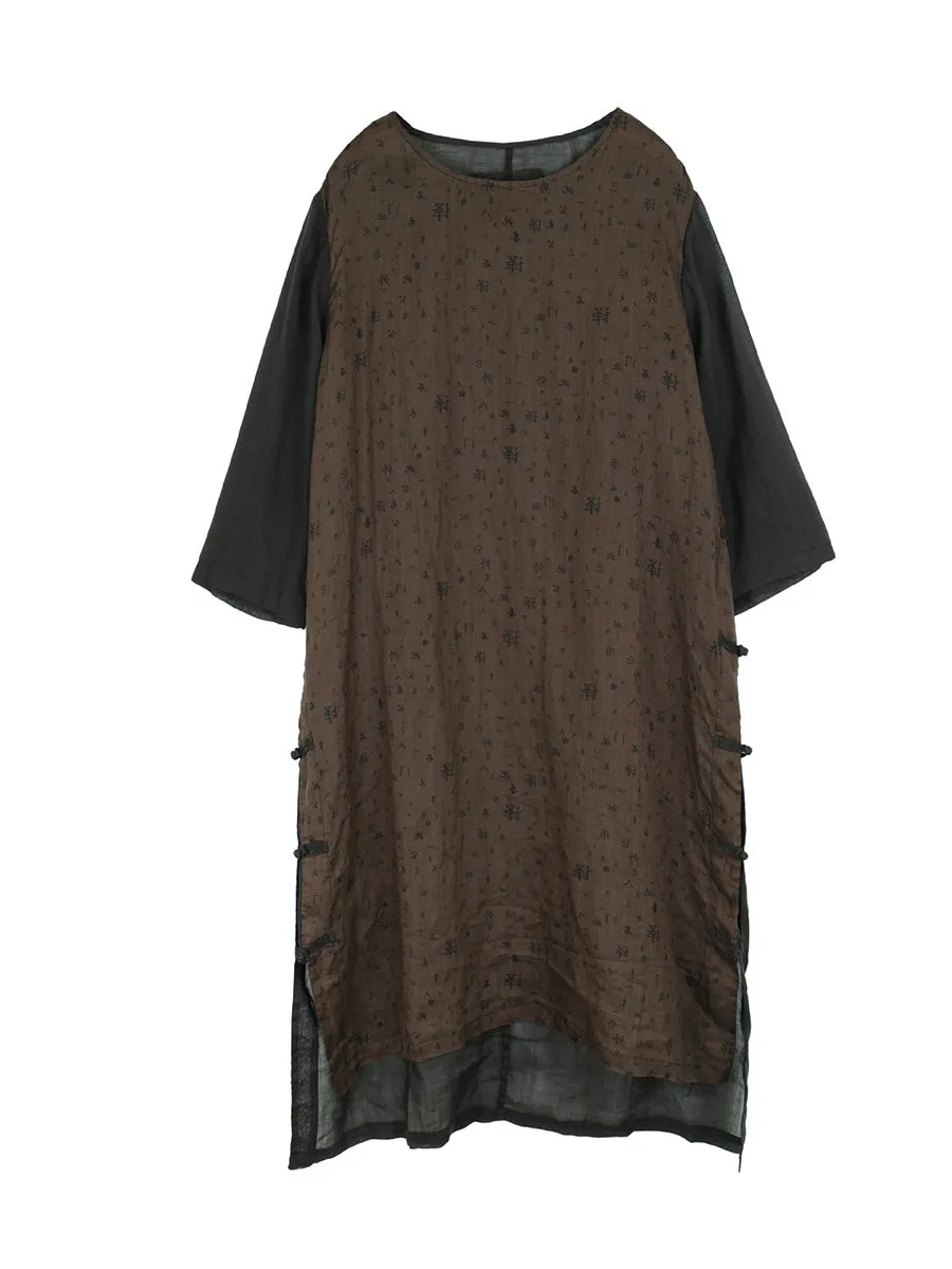 FLYTONN- Women Summer Vintage Print Spliced Ramie Dress PP1001