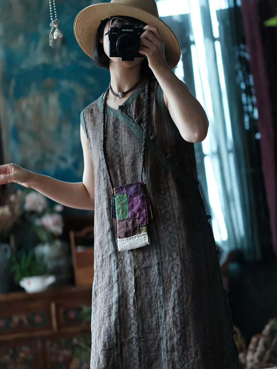 FLYTONN- Women Summer Vintage Print Spliced Sleeveless Ramie Dress OP1013