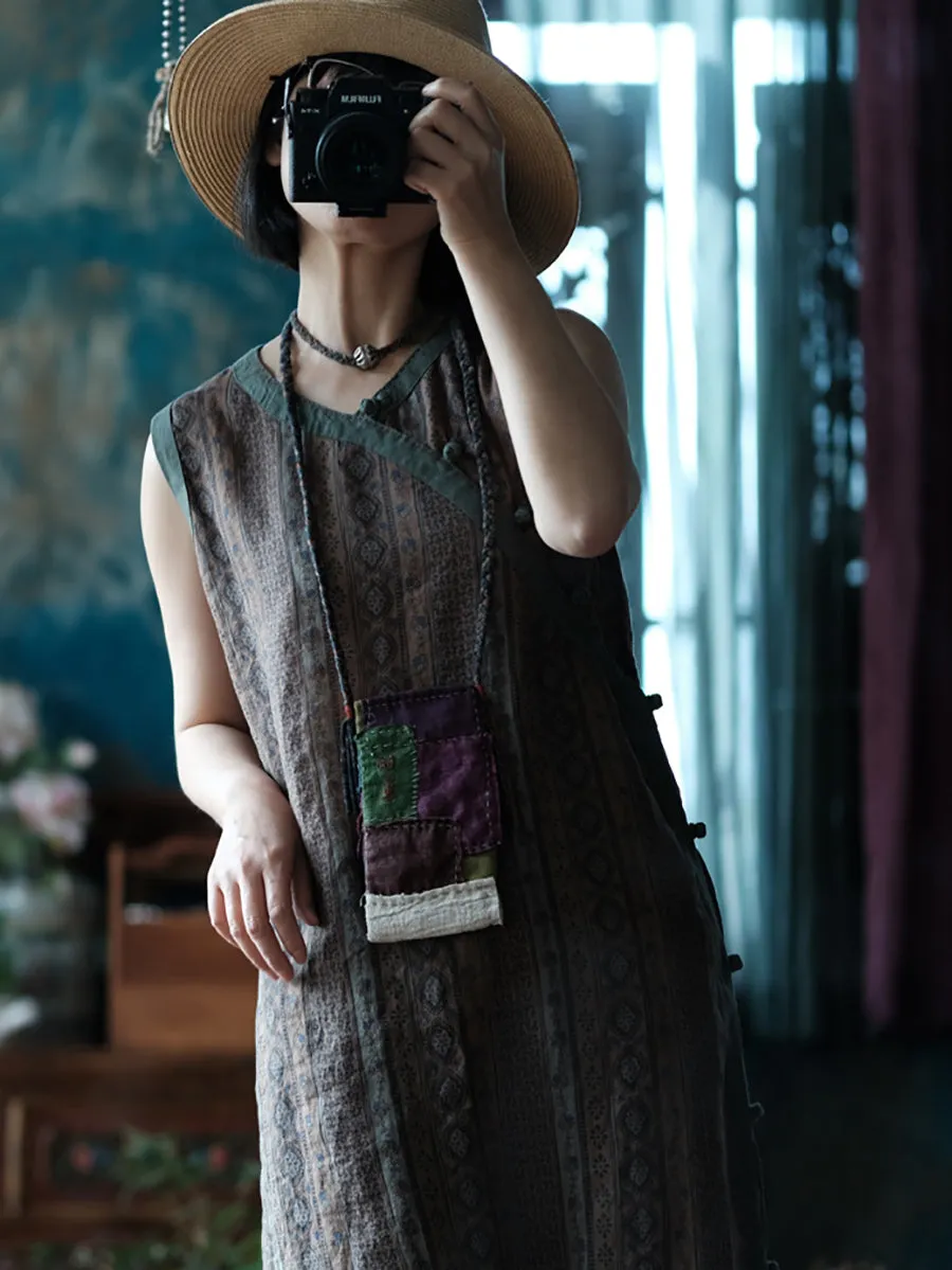 FLYTONN- Women Summer Vintage Print Spliced Sleeveless Ramie Dress OP1013