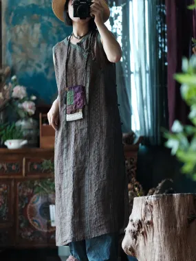 FLYTONN- Women Summer Vintage Print Spliced Sleeveless Ramie Dress OP1013