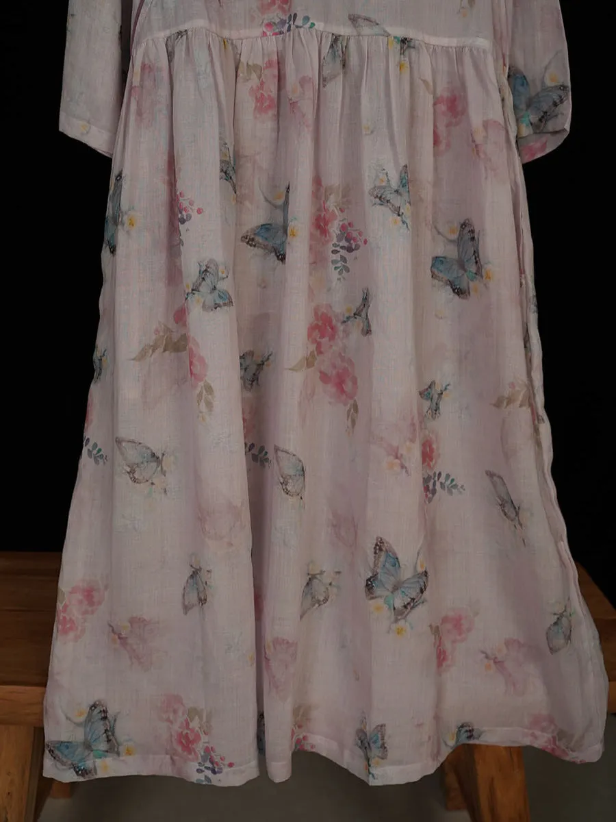 FLYTONN- Women Summer Vintage Ramie Floral V-Neck Loose Dress OP1033