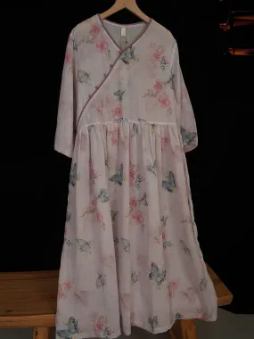 FLYTONN- Women Summer Vintage Ramie Floral V-Neck Loose Dress OP1033