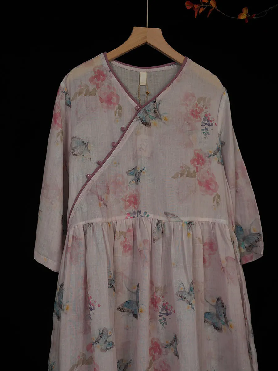FLYTONN- Women Summer Vintage Ramie Floral V-Neck Loose Dress OP1033