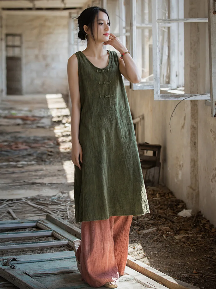 FLYTONN- Women Summer Vintage Tie-dye Ramie Vest Dress WE1035
