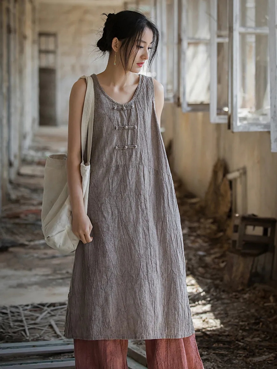 FLYTONN- Women Summer Vintage Tie-dye Ramie Vest Dress WE1035