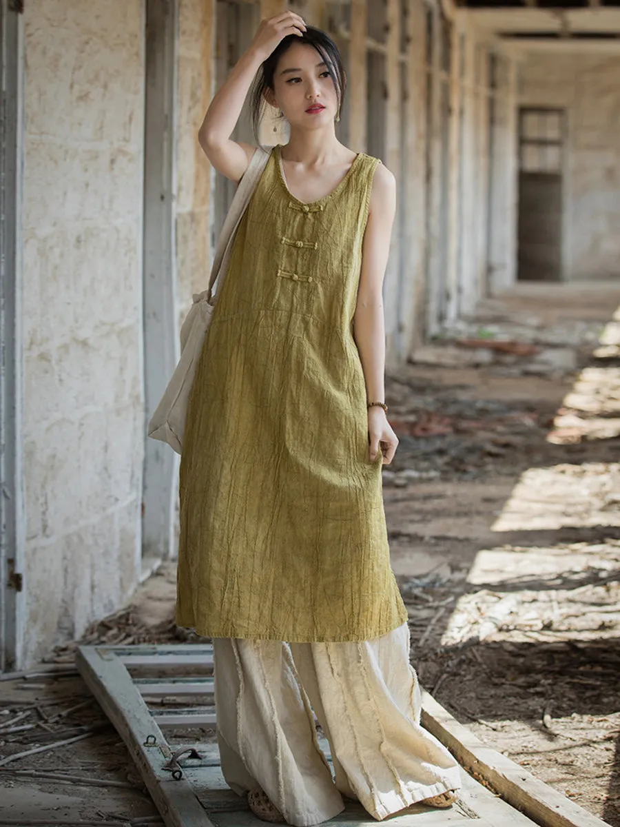 FLYTONN- Women Summer Vintage Tie-dye Ramie Vest Dress WE1035