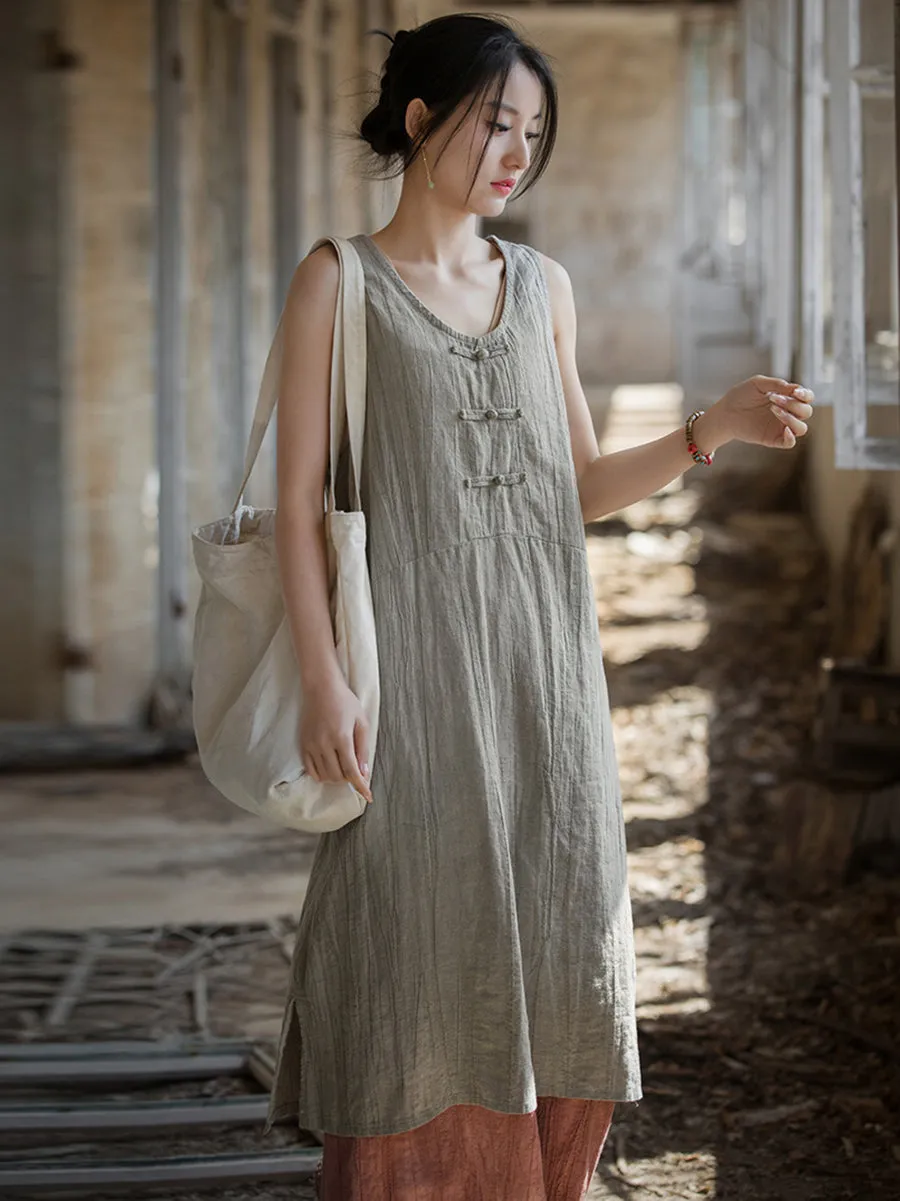 FLYTONN- Women Summer Vintage Tie-dye Ramie Vest Dress WE1035