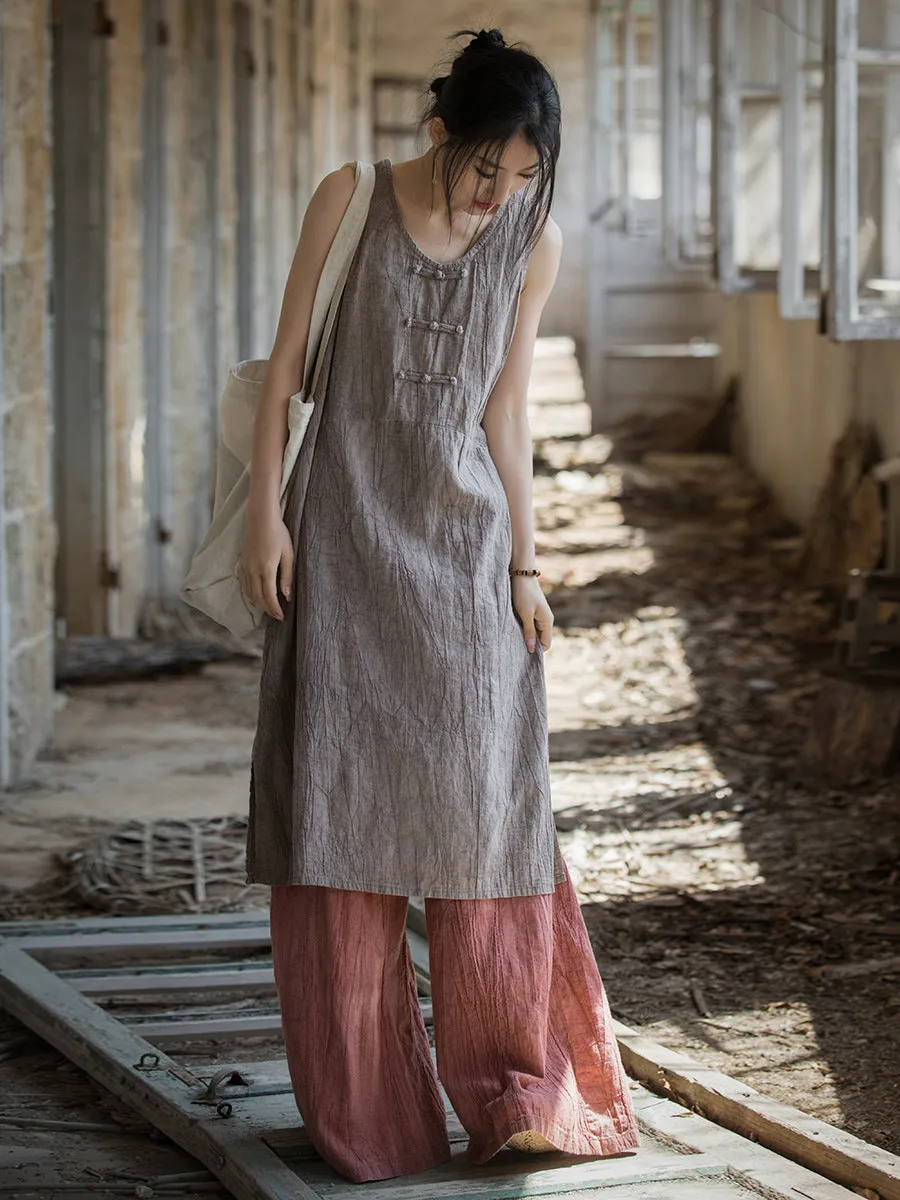 FLYTONN- Women Summer Vintage Tie-dye Ramie Vest Dress WE1035