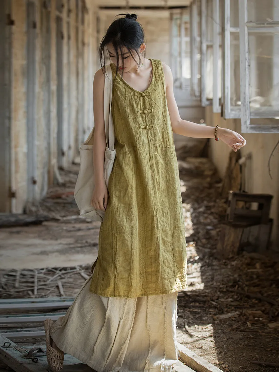FLYTONN- Women Summer Vintage Tie-dye Ramie Vest Dress WE1035