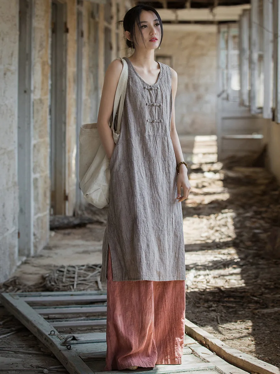 FLYTONN- Women Summer Vintage Tie-dye Ramie Vest Dress WE1035