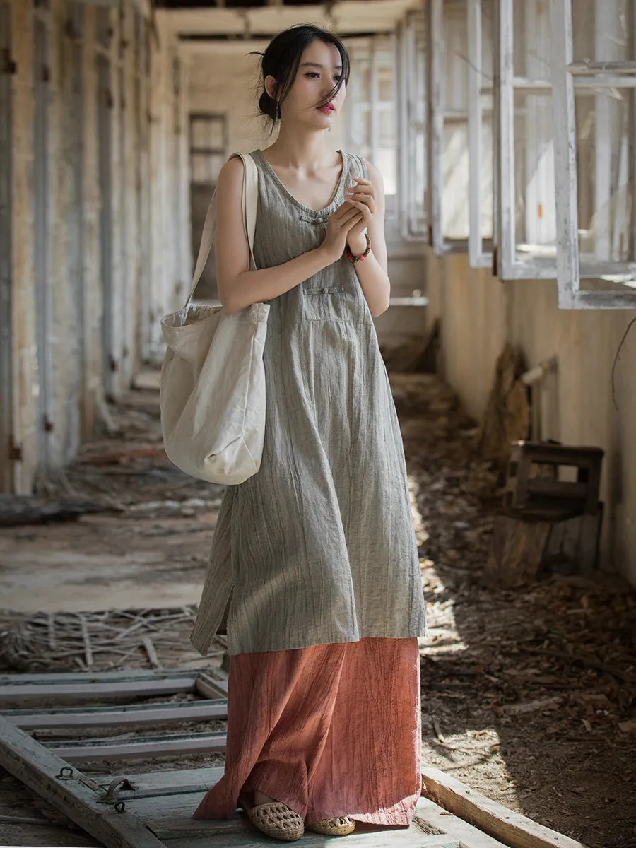FLYTONN- Women Summer Vintage Tie-dye Ramie Vest Dress WE1035