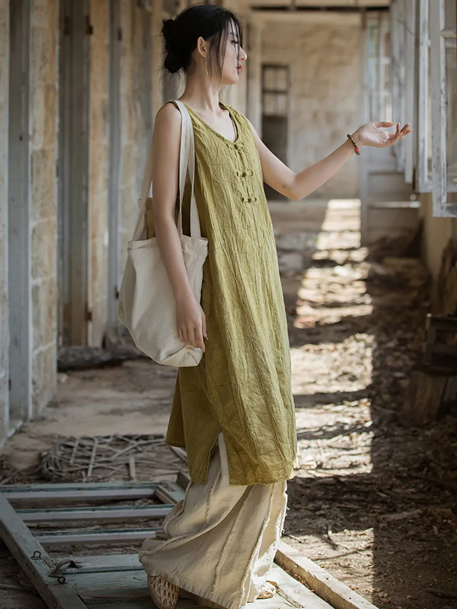 FLYTONN- Women Summer Vintage Tie-dye Ramie Vest Dress WE1035