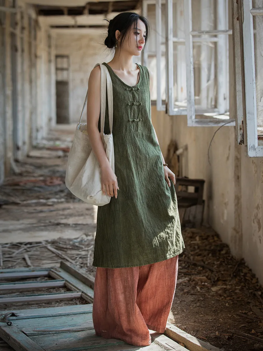 FLYTONN- Women Summer Vintage Tie-dye Ramie Vest Dress WE1035