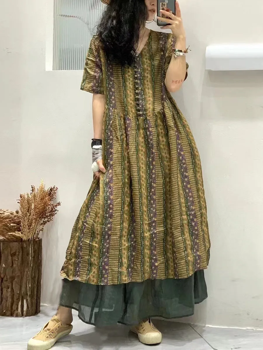 FLYTONN- Women Summer Vintage V-Neck Floral Spliced Ramie Dress HH049
