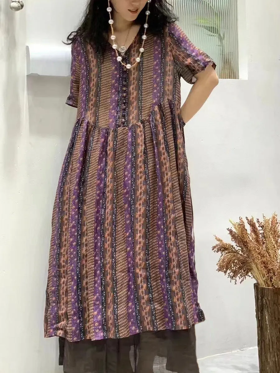 FLYTONN- Women Summer Vintage V-Neck Floral Spliced Ramie Dress HH049