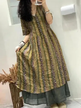 FLYTONN- Women Summer Vintage V-Neck Floral Spliced Ramie Dress HH049